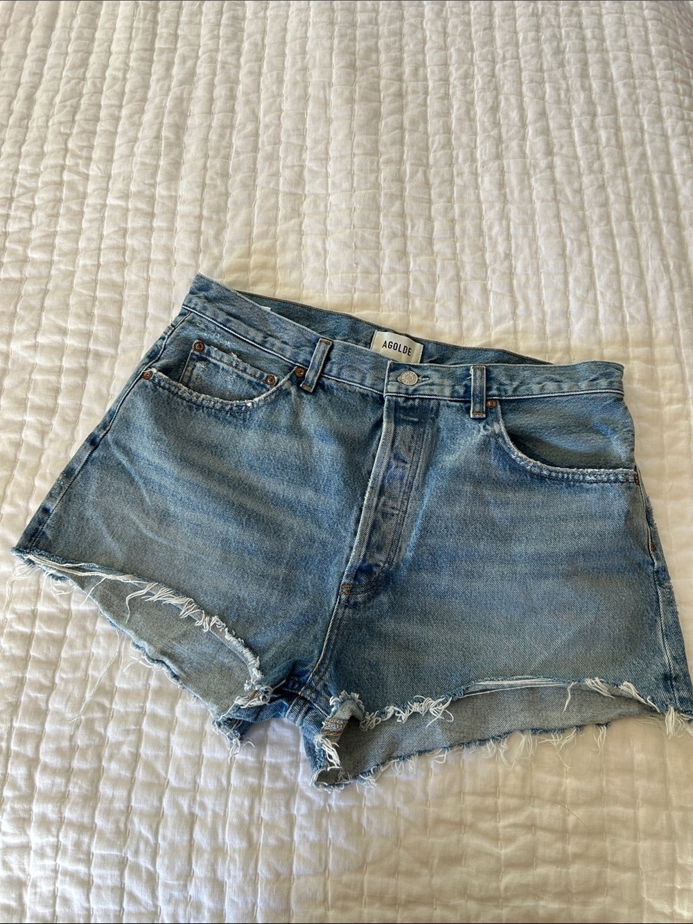 Agolde Light Wash High-Rise Distressed Denim Shorts 32